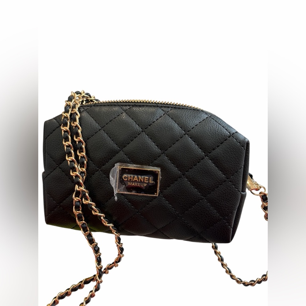 CHANEL NIB Cosmetic Novelty Shoulder Bag Pouch Black Lame Material 7W x 4H x 2D